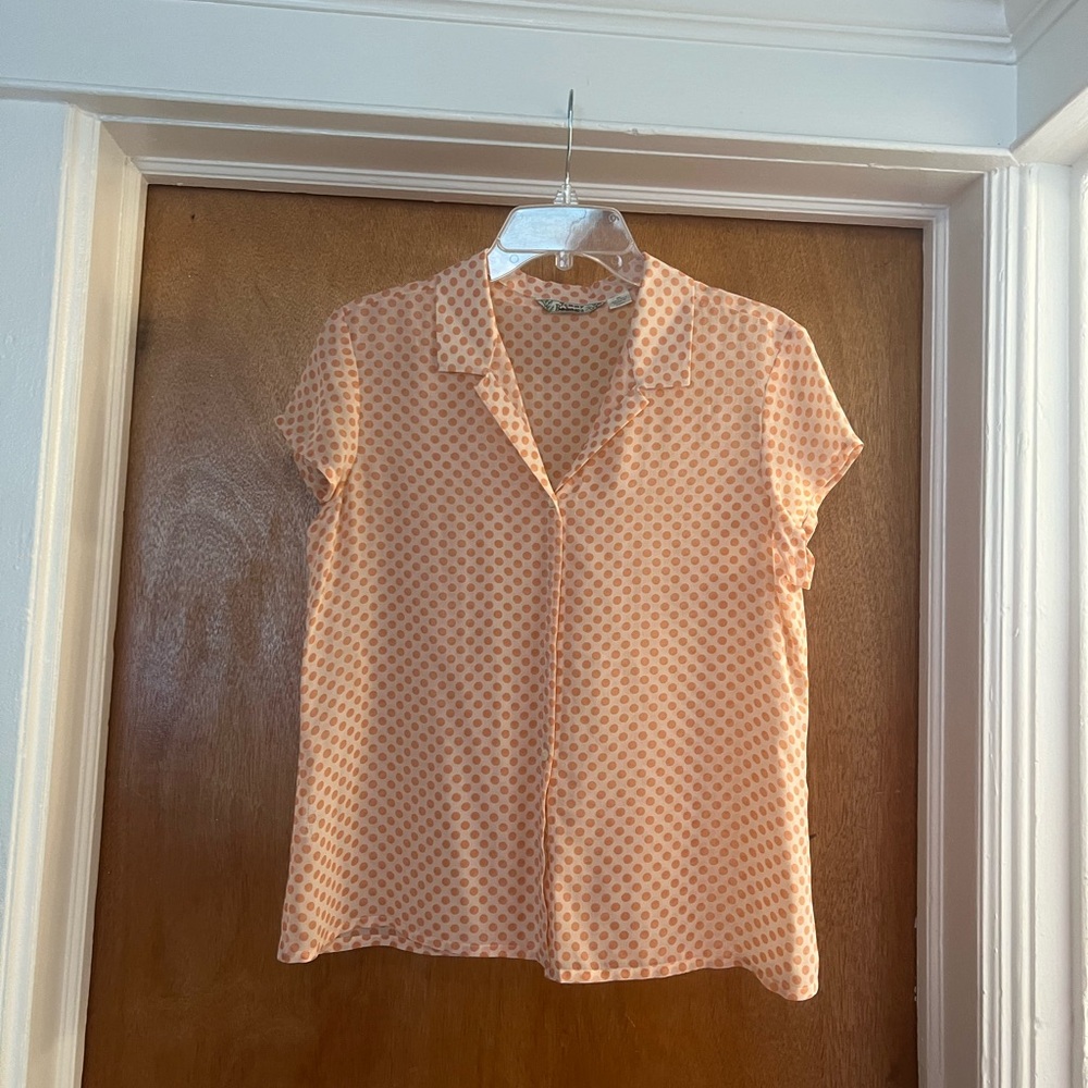 Tommy Bahama Women’s Orange Polka Dot Button Down Cap Sleeve Sheer Shirt